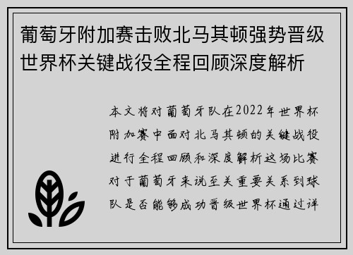 葡萄牙附加赛击败北马其顿强势晋级世界杯关键战役全程回顾深度解析 葡萄牙附加赛击败北马其顿强势晋级世界杯关键战役全程回顾深度解析